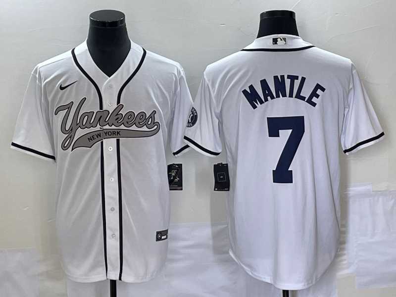 Men%27s New York Yankees #7 Mickey Mantle White With Patch Cool Base Stitched Baseball Jersey->new york yankees->MLB Jersey